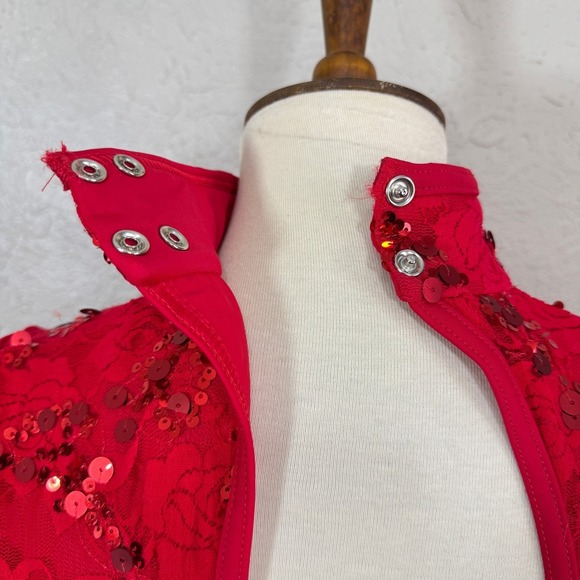 Balera Dance Costume Streak Lace Dress Adult L Red Sequin Sheer D10125 Weissman - Picture 9 of 14